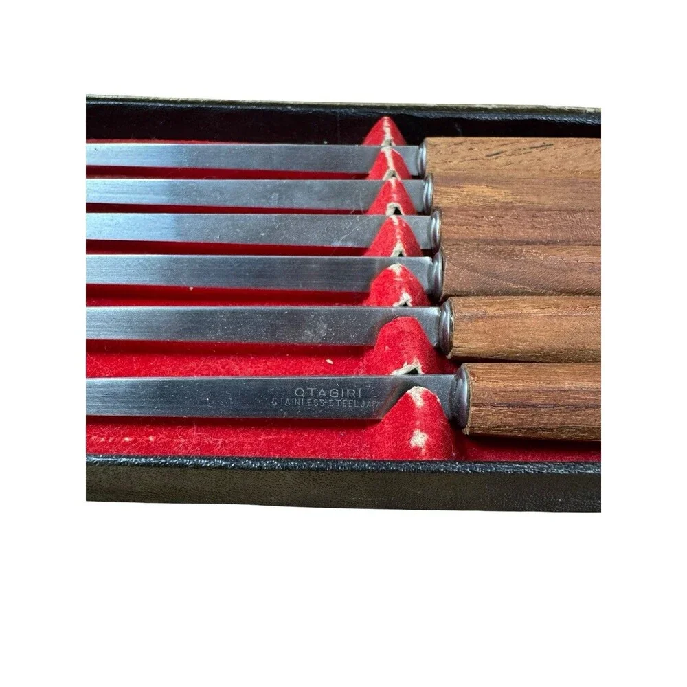 Vintage MCM Stainless Steel Fondue Forks Set of 6 Teak Wood Handles In Box